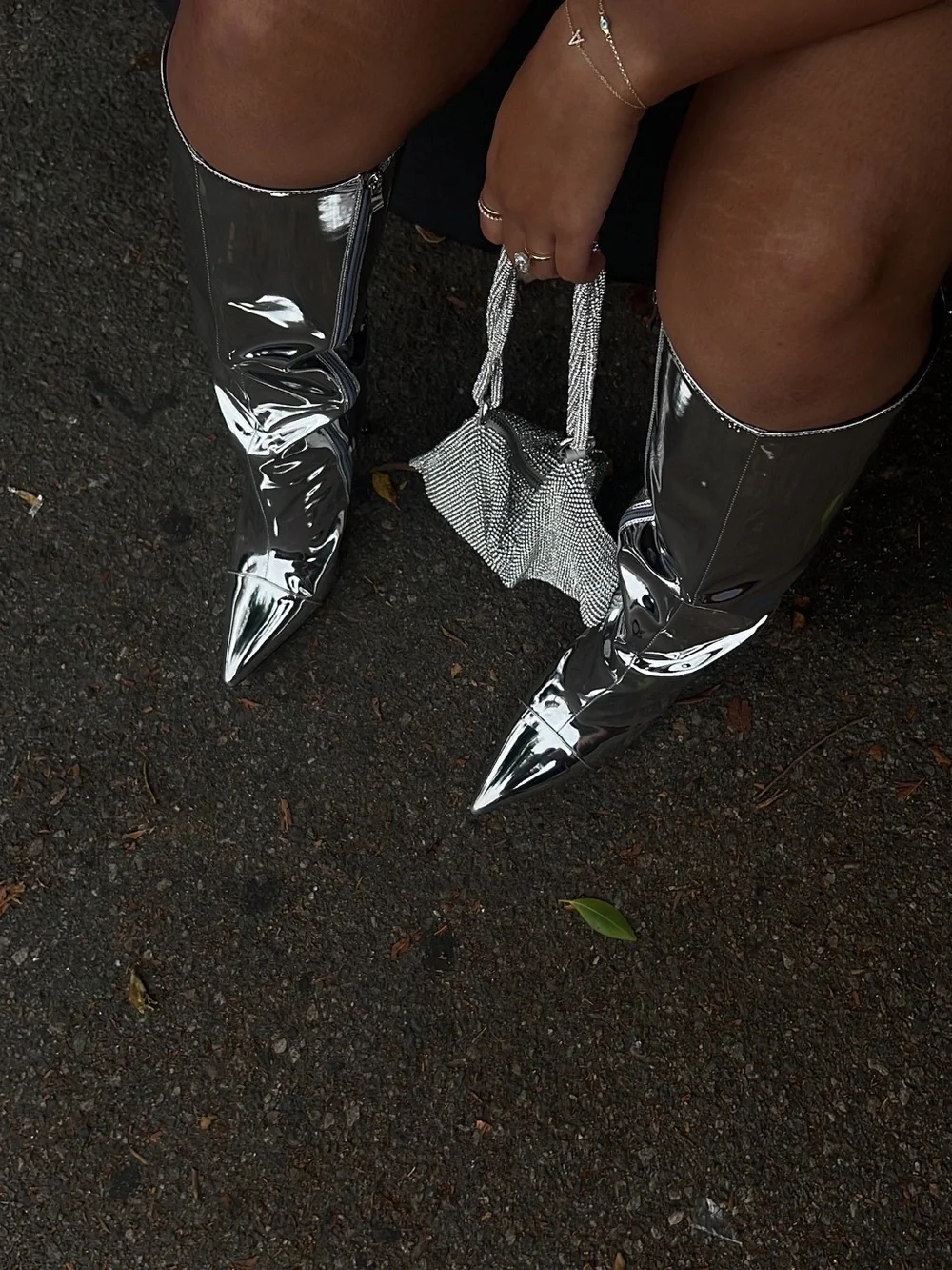 Metallic Silver Pointed Toe Knee-High Stiletto Boots - Picture 2 of 2